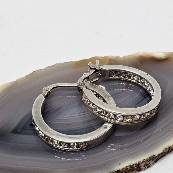925 STERLING SILVER - Shiny Crystal Round Hoop Earrings - Picture 8 of 12